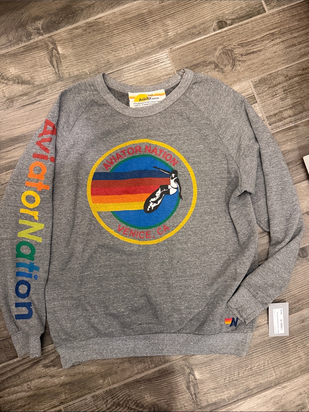 Aviator Nation Gray Crewneck with Multicolor Rainbow Logo